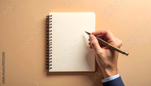 Retro style illustration of a hand holding pen over blank notepad, representing writing, creativity, and communication concept.