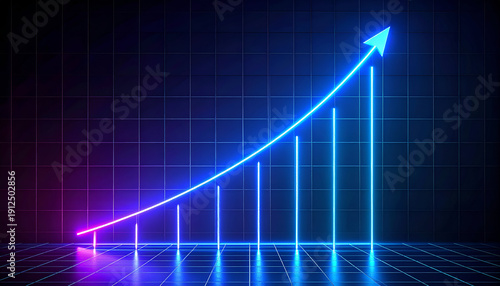 Neon blue bar chart with upward arrow on dark grid background, symbolizing financial growth, business success, and rising profits.