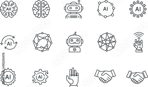 Collection of 12 unique line art icons related to technology and human interaction