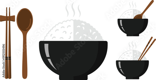 Steaming rice bowls collection chopsticks spoon cartoon vector illustration set isolated background