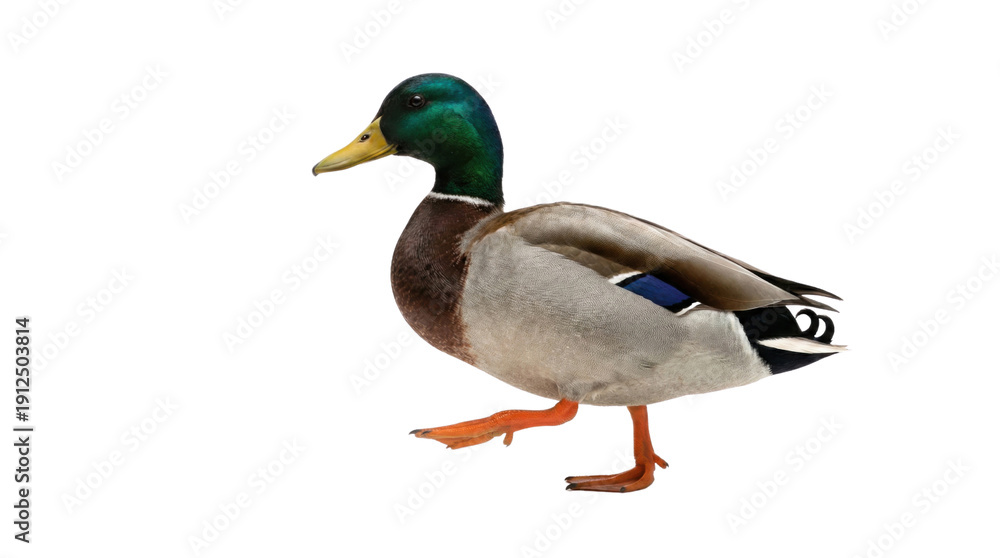 Obraz premium Mallard duck walking with green head and yellow bill on white background