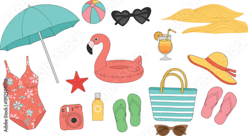 Summer beach accessories collection umbrella swimsuit bag vector illustration set isolated background