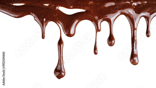 Decadent melted dark chocolate syrup oozing and dripping against a stark black background