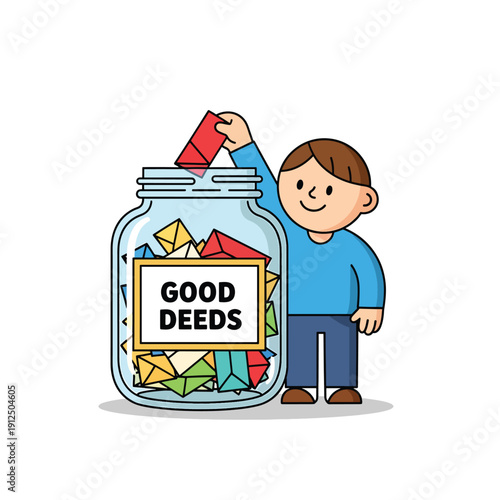 Little boy placing red envelope into large glass jar labeled good deeds filled with colorful paper notes to celebrate kindness and positive actions