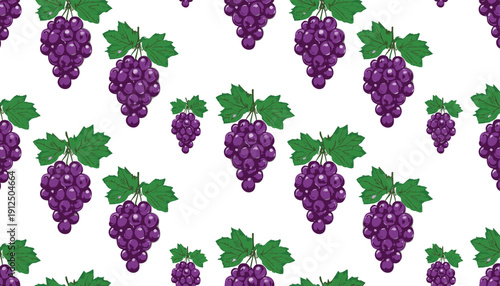 Purple grape cluster seamless pattern, green leaves design, white background texture, fruit illustration, vineyard motif, decorative textile print, packaging art