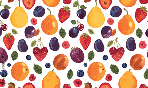 Seamless fruit pattern, pears oranges strawberries cherries plums blueberries raspberries peaches, vibrant hand-painted design, green leaves, artistic style, wallpaper, fabric, packaging