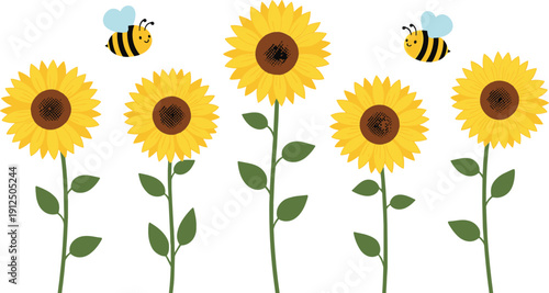 Sunflower and bee vector illustration set with blooming yellow flowers and flying honey bees for nature design