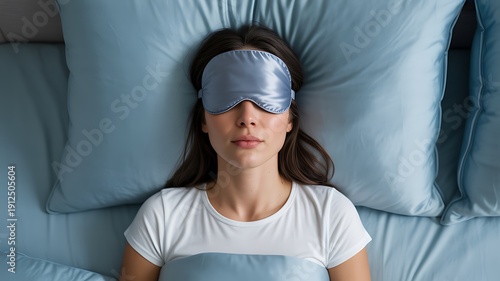 Young woman resting calmly in blue bedsheets wearing a silver sleeping eye mask overhead view
