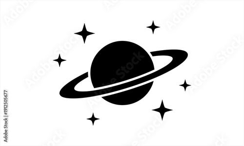 Stylized Saturn planet with rings and surrounding stars in a minimalist design.