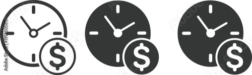 Clock icons with dollar sign symbol, time is money concept, black and white variations, financial value design, cad drawing flat vector illustration artwork