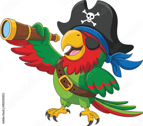 Colorful cartoon parrot dressed as pirate, vibrant feathers, skull hat, eye patch, telescope adventure theme, cad drawing flat vector illustration
