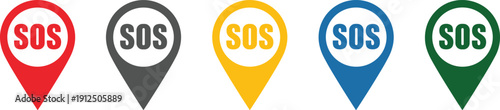 Colorful SOS location pin icons, emergency help markers, red gray yellow blue green symbols, safety alert mapping, cad drawing flat vector illustration artwork