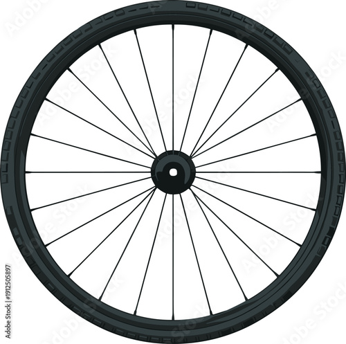 Detailed bicycle wheel silhouette, black tire tread, mechanical engineering design, spoke structure, circular hub, rotational motion physics, cad drawing flat vector illustration