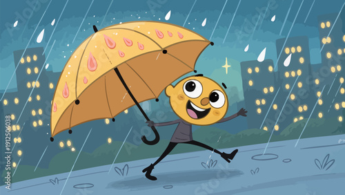 Happy emoji running with umbrella on rainy night in city