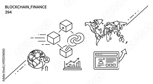 Abstract blockchain finance illustration with global connectivity and data flow