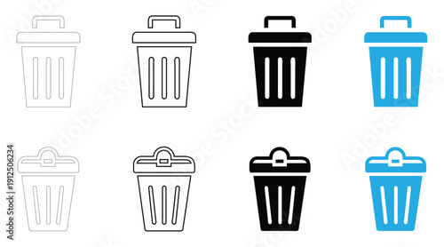 trash can icon vector set, trash bin symbol vector, silhouette and line art illustration