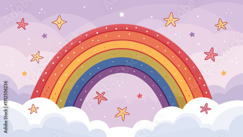 Vibrant rainbow arcing across whimsical cloudy sky with stars