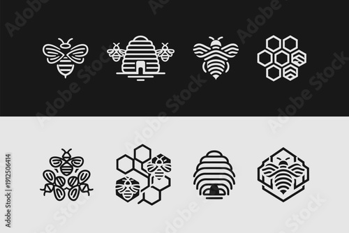 Honey Bee Colony and Hive Minimalist Icon Set