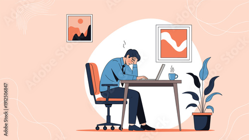 Stressed and exhausted businessman leaning on his desk in front of a laptop in a modern office with art on the wall.