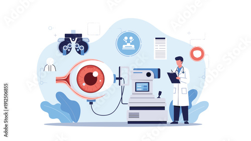 Professional optometrist conducting an eye examination using advanced diagnostic equipment in a modern clinic setting.
