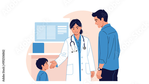 Female doctor greeting a young boy and his father during a medical checkup in a pediatrician office environment.