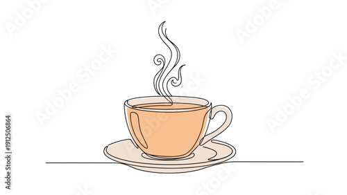 Minimalist continuous line drawing of a steaming cup of tea or coffee on a saucer over a white background.