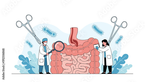 Medical professionals examining a large illustration of the human digestive system using a magnifying glass and surgical tools.