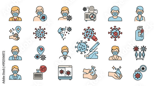 Comprehensive set of medical icons illustrating pandemic safety measures including face masks and hygiene practices.