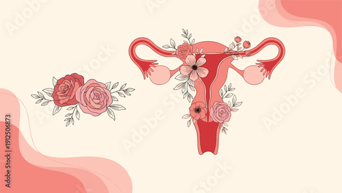 Artistic illustration of a female reproductive system adorned with blooming flowers against a soft pink background.