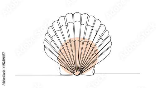 Elegant continuous line drawing of a scallop seashell with a subtle orange circle accentuating its organic shape.