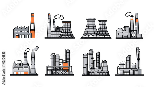 Detailed collection of industrial factory building icons with smoke stacks and various architectural structures.