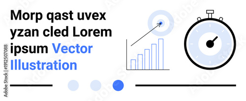 Bar graph with upward growth, dart hitting target, stopwatch signaling time tracking. Ideal for business growth, analytics, productivity, goals, success, performance review simple landing page