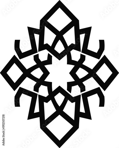 Geometric mandala style symmetrical design with interlocking diamond shapes, bold black lines on white background, cultural pattern artwork for decorative illustration