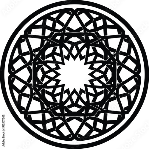 Intricate geometric mandala rosette with interwoven black lines, circular symmetrical design featuring starburst center, decorative cultural artwork pattern illustration