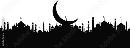 Islamic cityscape silhouette with domes and minarets topped by crescent moons, large central crescent moon above skyline, cultural heritage festive architecture illustration