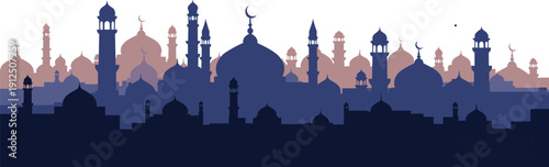 "Islamic cityscape silhouette with domes and minarets topped by crescent moons, layered skyline in blue and pink tones, cultural heritage architecture illustration"
