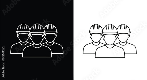 Simple black and white line icon representing a small team of construction workers wearing hard hats