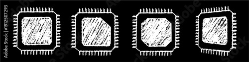 Set editable chalk drawing microprocessor vector for STEM classes. Ideal for school tech posters, coding lessons, and blackboard IT graphics. Symbolizes education and computing.