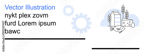 Food industry, dairy farming, sustainable agriculture, fisheries, eco-friendly production, and food processing. Visual of dairy, fish and grain with gear icon. Food industry and agriculture concept
