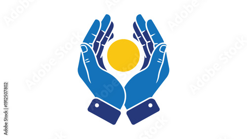 Two cupped blue hands carefully cradle a bright yellow sphere symbolizing protection and value