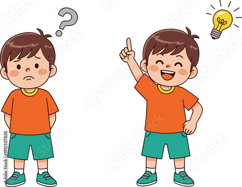 Boy thinking and having idea cartoon characters vector illustration set isolated background