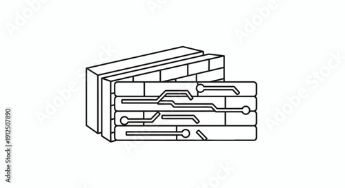 A technical drawing of a layered circuit board component viewed from an isometric perspective showcasing the complexity of modern electronics design and architecture in a detailed illustration