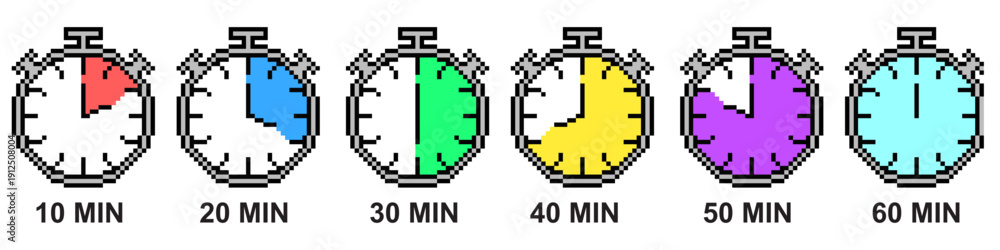 Obraz premium set pixel stopwatch minute timer vector for retro game interfaces. Ideal for 8-bit time trials, speedrun challenges, and arcade layouts. Symbolizes racing, urgency, and counting seconds.