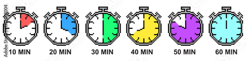 set pixel stopwatch minute timer vector for retro game interfaces. Ideal for 8-bit time trials, speedrun challenges, and arcade layouts. Symbolizes racing, urgency, and counting seconds.