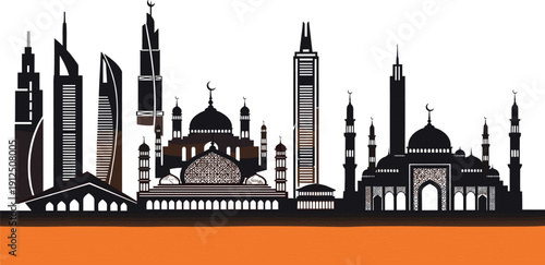 "Modern city skyline with Islamic mosque domes and minarets in silhouette, cultural architecture illustration blending tradition and skyscrapers, Middle Eastern urban heritage design"