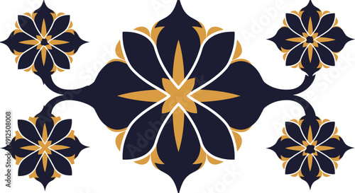 Symmetrical floral pattern with central flower motif and branching petals, navy blue and golden brown decorative artwork, cultural ornamental design illustration