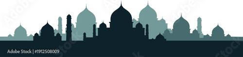 Stylized cityscape silhouette with domes and minarets inspired by Islamic and Mughal architecture, layered skyline artwork for cultural heritage and historical landmark illustration