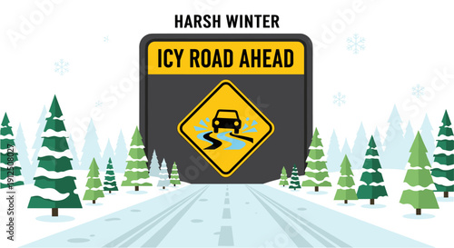 A stark warning sign for icy road conditions ahead, set against a backdrop of snow-covered pine trees during a harsh winter.
