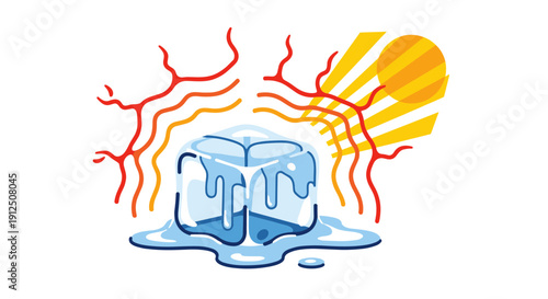 A melting ice cube under intense sun rays, illustrating the concept of global warming and climate change with a clear visual metaphor.