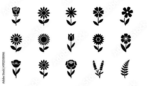 Title
Garden flower silhouette icon vector set with plant symbols on white background
